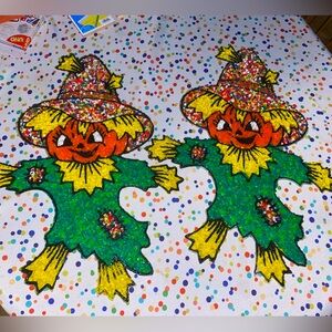 Pair Vintage melted plastic Popcorn Scarecrows 24” Halloween decor Bright colors